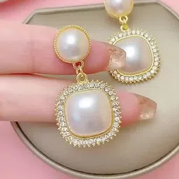 Celestique Gold-Plated Pearls Studded Geometric Shaped Korean Drop Earrings-image-43