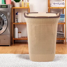 prettykrafts Beige & Brown Textured Laundry Basket With Lid - 70L image 5