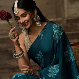 Sangria Floral Embroidered Pure Crepe Designer Saree image 5