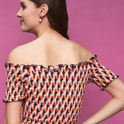 DressBerry Geometric Print Off-Shoulder Puff Sleeve Crepe Bardot Crop Top image 2