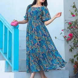 Krunal Raiyani Floral Print Puff Sleeve Fit & Flare Midi Dress-picture-26