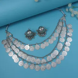 I Jewels Silver Plated Oxidised Traditional Multilayered Coin Jewellery Set-image-96