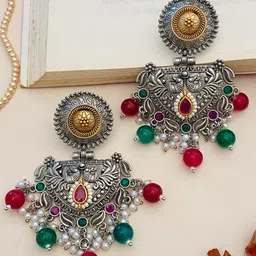 Anouk Silver Plated Stones Studded And Beaded Circular Shaped Oxidised Drop Earrings-image-52