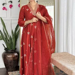 GoSriKi Embroidered V-Neck Thread Work A-Line Kurta With Trousers & Dupatta-picture-37