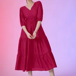 Femvy V-Neck Puff Sleeves Maxi A-Line Dresses-image-77