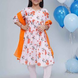 Little Bansi Girls Floral Printed V-Neck Pure Cotton Kurta With Trouser & Dupatta-picture-6