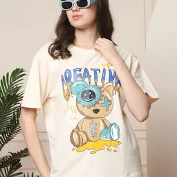 fabflee Women Printed Round Neck Pure Cotton Beige T-Shirt-picture-12