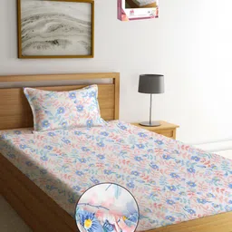 Myntra Elegant Homes White & Blue Floral 300 TC Single Bedsheet with 1 Pillow Covers-picture-39