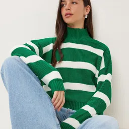Happiness istanbul Women High Neck Striped Print Long Sleeves Pullover-picture-13