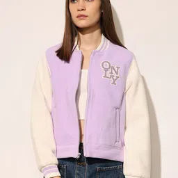 ONLY Women Stand Collar Brand Logo Fleece Varsity Jacket with Embroidered-picture-36