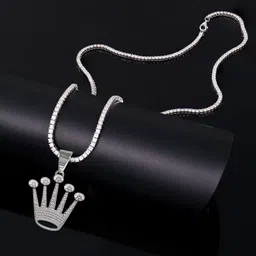 KRENOZ Men Stainless Steel Silver-Plated Rhinestone Studded Quirky Pendant With Chains-picture-32