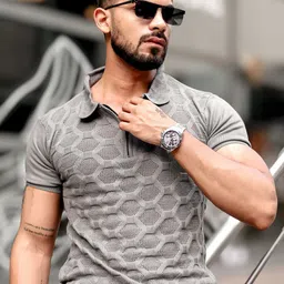Maniac Men Self Design Polo Collar Cotton Slim Fit T-shirt-picture-42