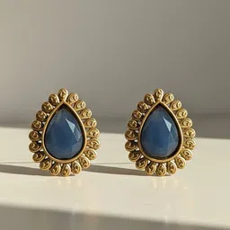 ADIVA Gold-Plated Blue Onyx Stone Intricate Floral Design Textured Edged Stud Earrings-image-91