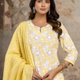 Anouk Floral Printed Regular Pure Cotton Straight Kurta With Trousers & Dupatta image 2