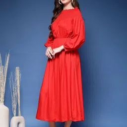 DAEVISH Solid Off-Shoulder Puff Sleeve Fit & Flare Maxi Dress image 5