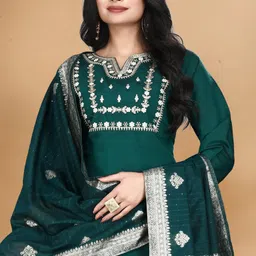 FVD Women Embroidered Regular Chanderi Silk Top with Trousers & With Dupatta image 4