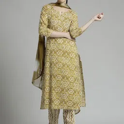 Jaipur Kurti Yellow Floral Embroidered Cotton Mirror Work Kurta With Trousers & Dupatta image 1