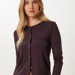 Happiness istanbul Women Ribbed Round Neck Long Sleeves Cardigan image 2