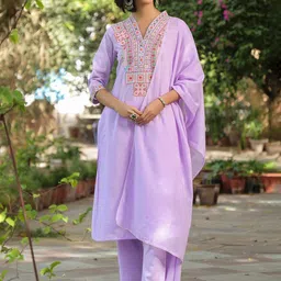 SCAKHI Women Lavender Cambric Yoke Embroidered Sequinned Detail Cotton Straight Suit Set-image-21