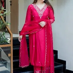 HERE&NOW Women Ethnic Motifs Embroidered Regular Thread Work Kurta with Trousers & With Dupatta image 5