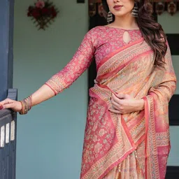 ALMAARI FASHION Ethnic Motifs Printed Pure Cotton Jamdani Saree & Unstitched Blouse Piece image 2