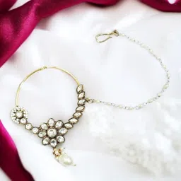 ANIKAS CREATION Gold-Plated Kundan Studded And Pearls Beaded Chained Nosepin-picture-11