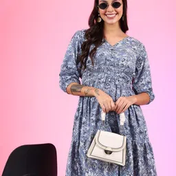 Krunal Raiyani Women Floral Printed Above Knee Puff Sleeves Fit & Flare Dress-picture-16