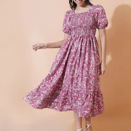 ZWERLON Floral Print Puff Sleeve A-Line Midi Dress-picture-18