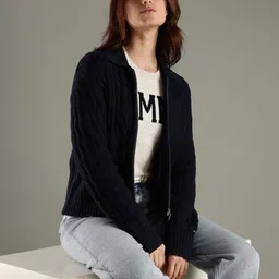 Tommy Hilfiger Europe Women Self Design Round Neck Cable Knit Pure Organic Cotton Cardigan-image-69