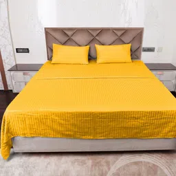 AJISH Yellow Striped 300 TC King Bedsheet with 2 Pillow Covers-picture-29