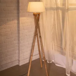 homesake White Cotton Shade Tripod Floor Lamp With Wood Base image 1