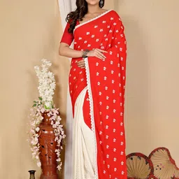 PuJoy Floral Schiffli Pure Cotton Half and Half Taant Saree-picture-42