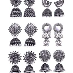 MEENAZ Set Of 6 Silver-Plated Stones Studded & Beaded Floral Shaped Oxidised Jhumkas-image-91