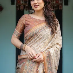 ALMAARI FASHION Ethnic Motifs Printed Pure Cotton Jamdani Saree & Unstitched Blouse Piece image 4