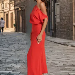 All About You Women Red Solid Cold-Shoulder Maxi Dress image 3