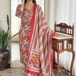 Vishishtah Women Floral Printed Pure Cotton Kurta with Palazzo & Dupatta image 4