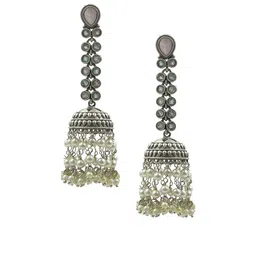 NAMAN ARTS Silver-Plated Artificial Stones Studded & Beaded Oxidised Dome Shaped Jhumkas image 2