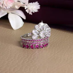 PRIVIU Silver-Plated American-Diamond Studded Floral Design Adjustable Finger Ring-picture-41