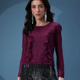 bebe Floral Self Design Puff Sleeve Ruffles Top image 4