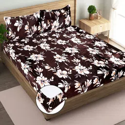 REALDREAM Brown Floral 300 TC King Bedsheet with 2 Pillow Covers-picture-29