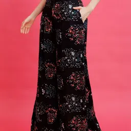 PURYS Women Floral Printed Relaxed Flared Easy Wash Pleated Trousers image 4