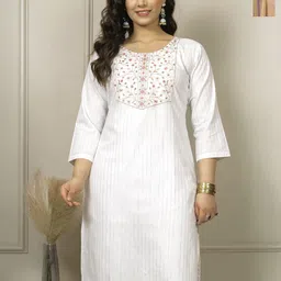 AUZAAI COLLECTION Selection Of 2 Striped Thread Work Round Neck Straight Kurtas-image-78