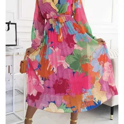 Greenishpink Floral Print Chiffon Empire Midi Dress-picture-11