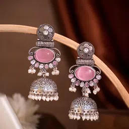 NAMAN ARTS Silver-Plated Stones Studded & Pearls Beaded Oxidised Dome Shaped Jhumkas-picture-27