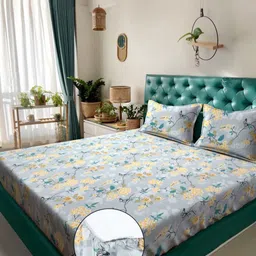 KLOTTHE Blue Floral Printed Fitted 300TC King Bedsheet With 2 Pillow Cover-image-91