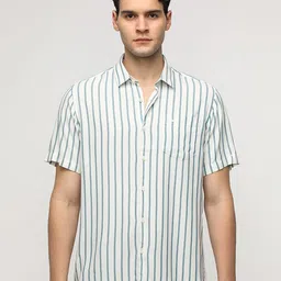 Crocodile Men Comfort Spread Collar Vertical Striped Cotton Casual Shirt-image-91