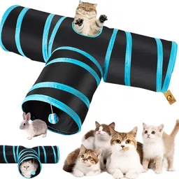 foodie puppies Interactive Light Weight Foldable 3 Way T Shape Tube Hiding Tunnel with Hanging Ball for Cat, Kitten, Rabbit, Guinea Pig & Puppies (Blue Black) Polyester, Steel Training Aid, Ball For Cat-picture-10