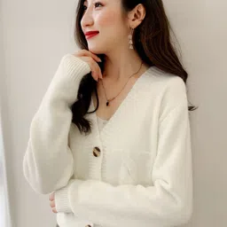 StyleCast Women Self Design V-Neck Long Sleeves Button Detail Cardigan-image-1