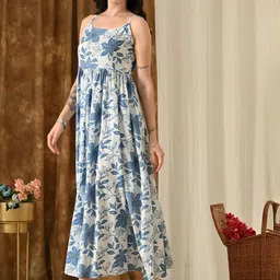 Vishishtah Floral Printed Pure Cotton Round Neck Fit & Flare Midi Dress image 3