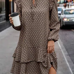 JC Mode Print Tie-Up Neck Puff Sleeve A-Line Dress-picture-1